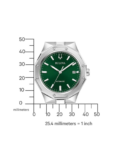 Bulova Herrenuhr mit grünem Zifferblatt und Edelstahlgehäuse, mit Maßgrafik