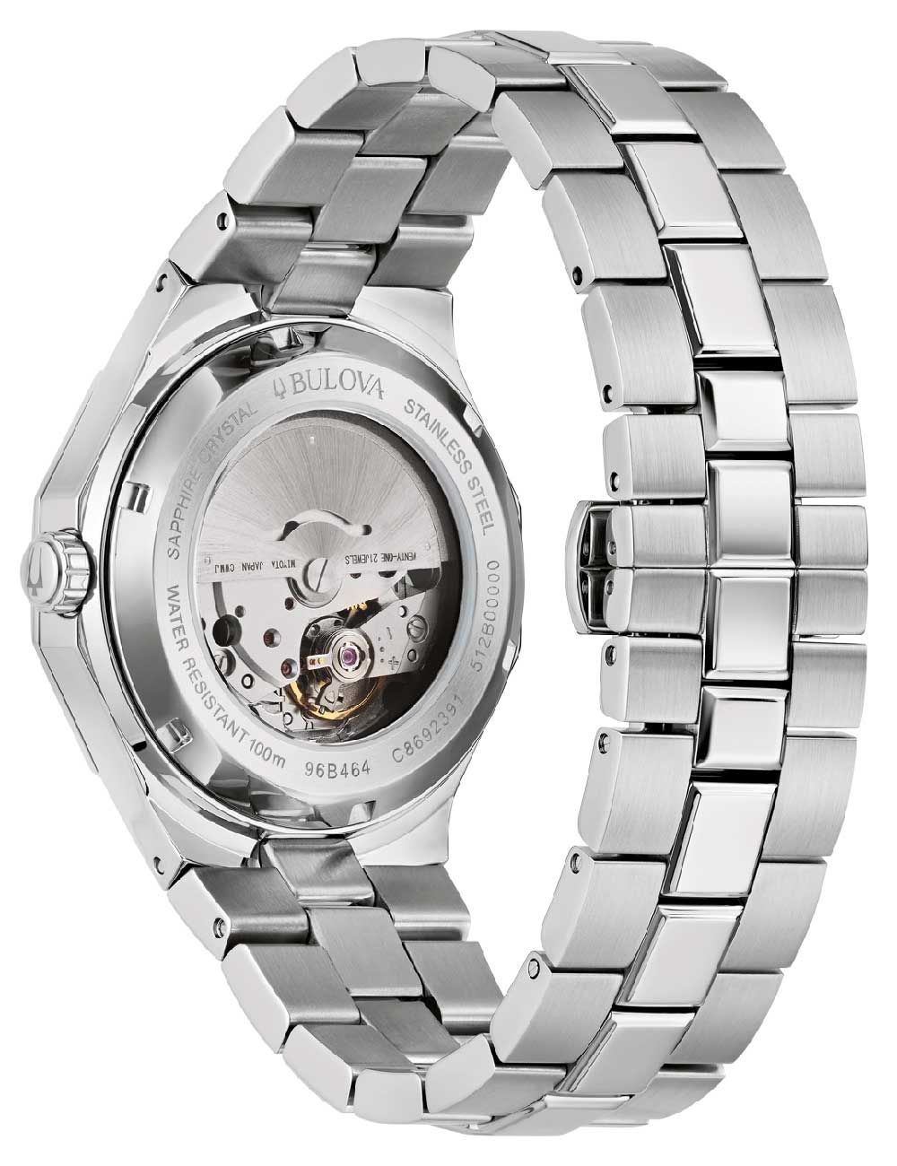 Bulova Herrenuhr offen mit Sicht auf das Automatikwerk im Edelstahlgehäuseboden
