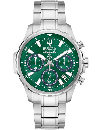 Herren-Chronograph mit grünem Zifferblatt, Stahlarmband und silberner Lünette