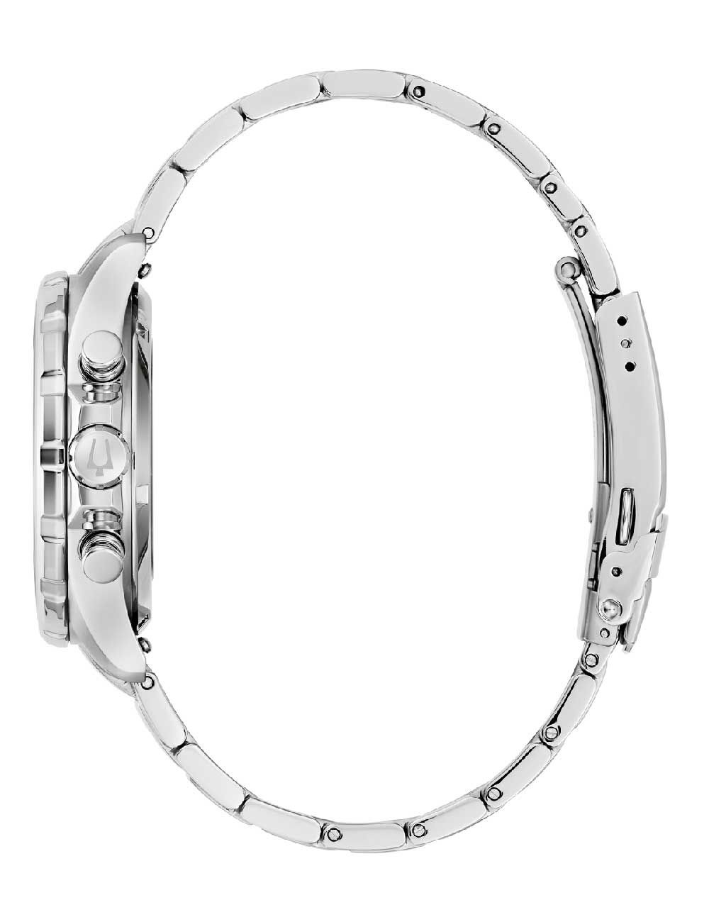 Uhrgehäuse-Seitenansicht eines Chronographen mit Edelstahlband