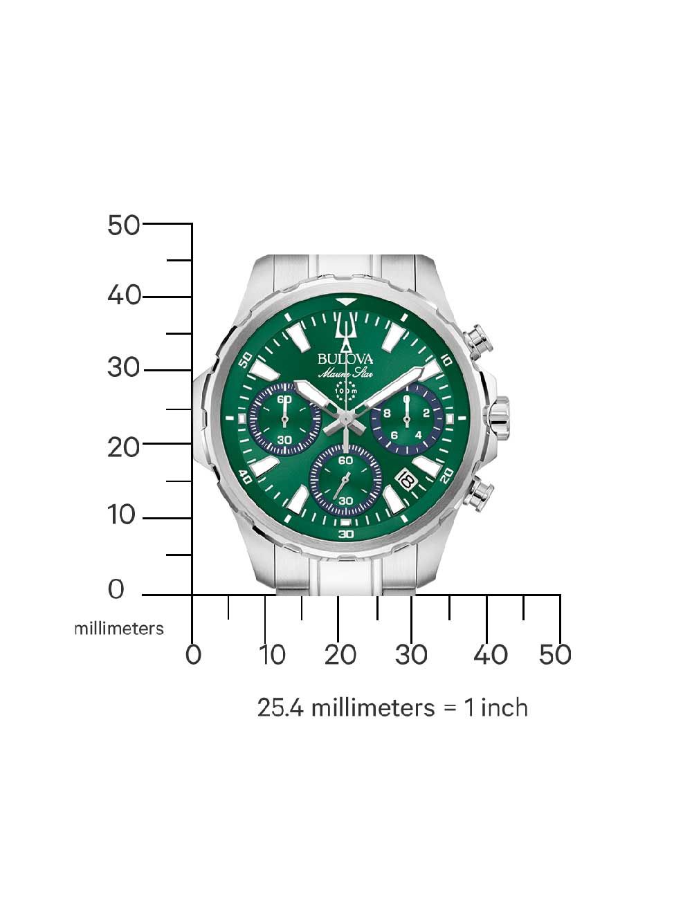 Chronograph mit grünem Zifferblatt am Stahlarmband, Maßskizze mit Skala
