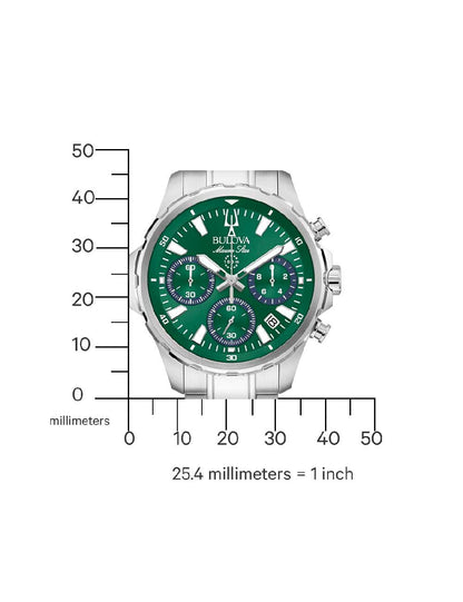 Chronograph mit grünem Zifferblatt am Stahlarmband, Maßskizze mit Skala