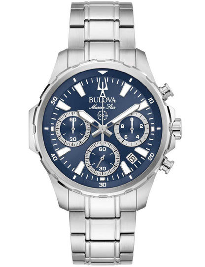 Bulova Marine Star Herrenuhr mit Chronograph, blauem Zifferblatt, Edelstahlband