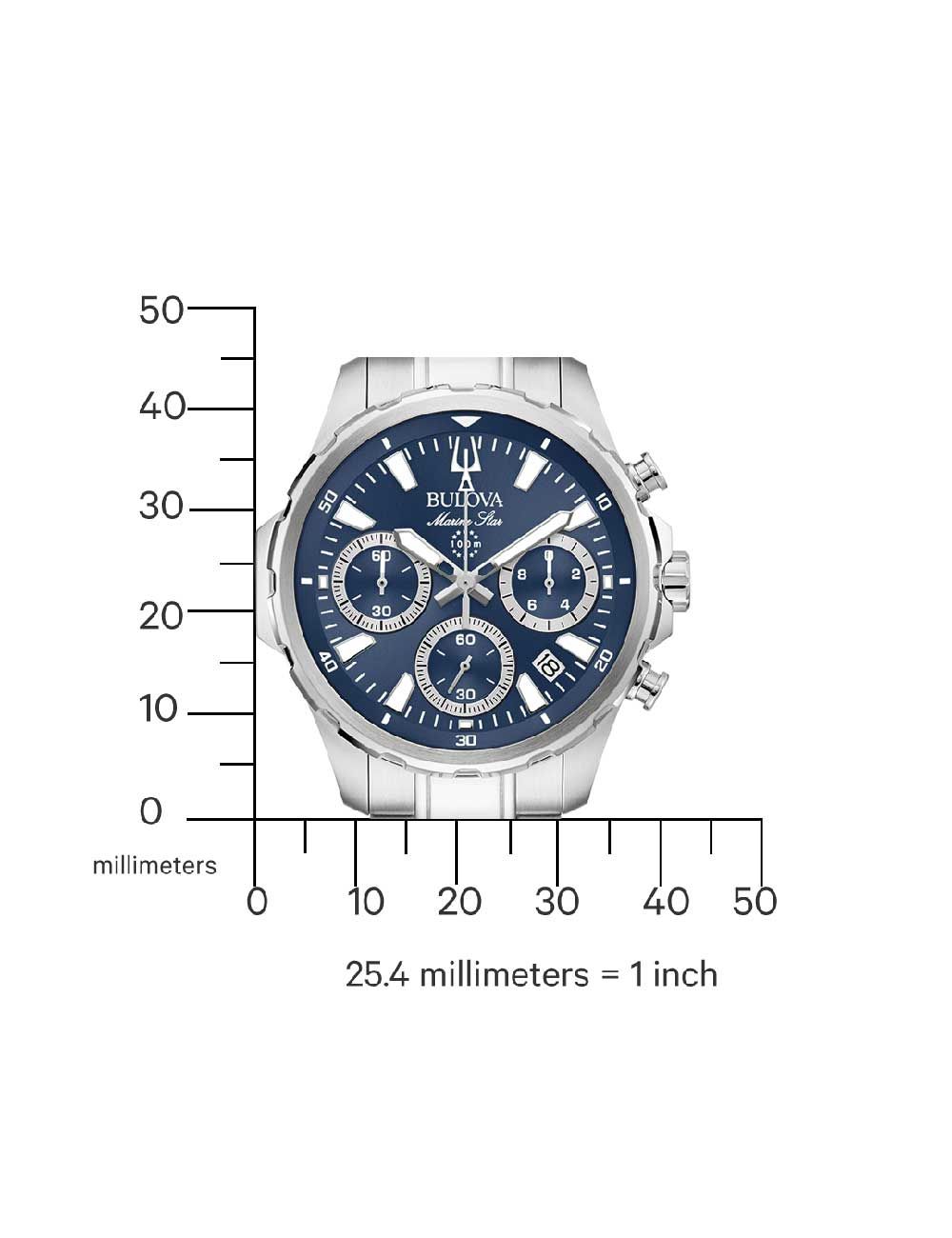 Herrenuhr mit blauem Zifferblatt und Maßangaben in Millimetern