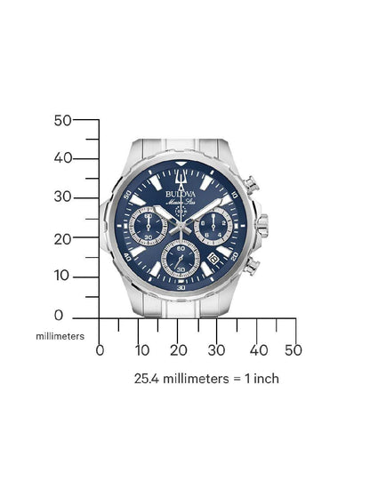 Herrenuhr mit blauem Zifferblatt und Maßangaben in Millimetern