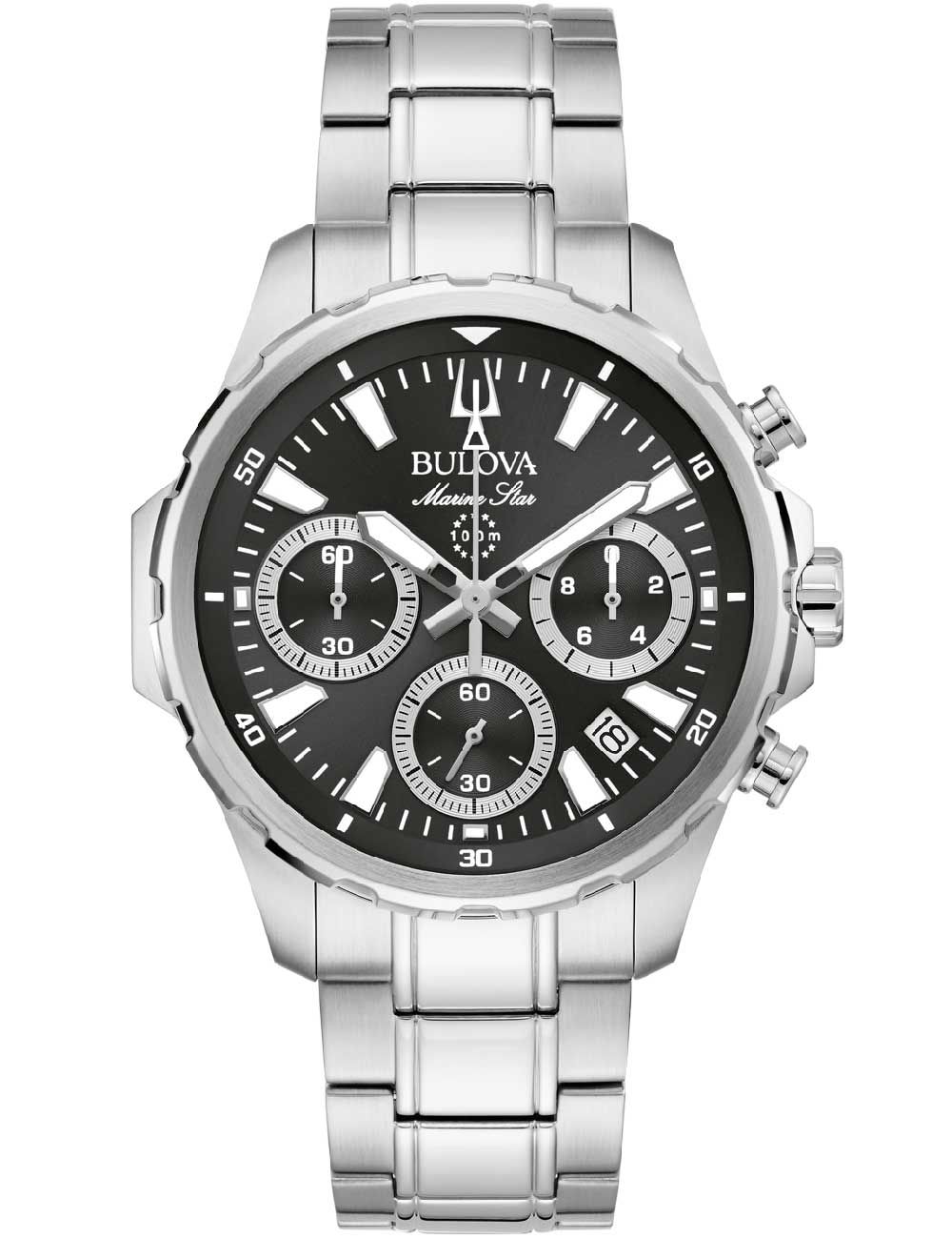 Bulova Marine Star Chronograph Herrenuhr mit schwarzem Zifferblatt und Edelstahlarmband