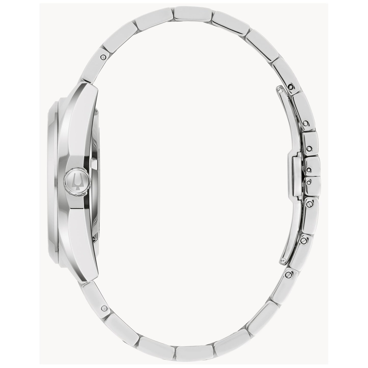 Bulova Herrenuhr Seitenansicht mit Edelstahlgehäuse und Krone.