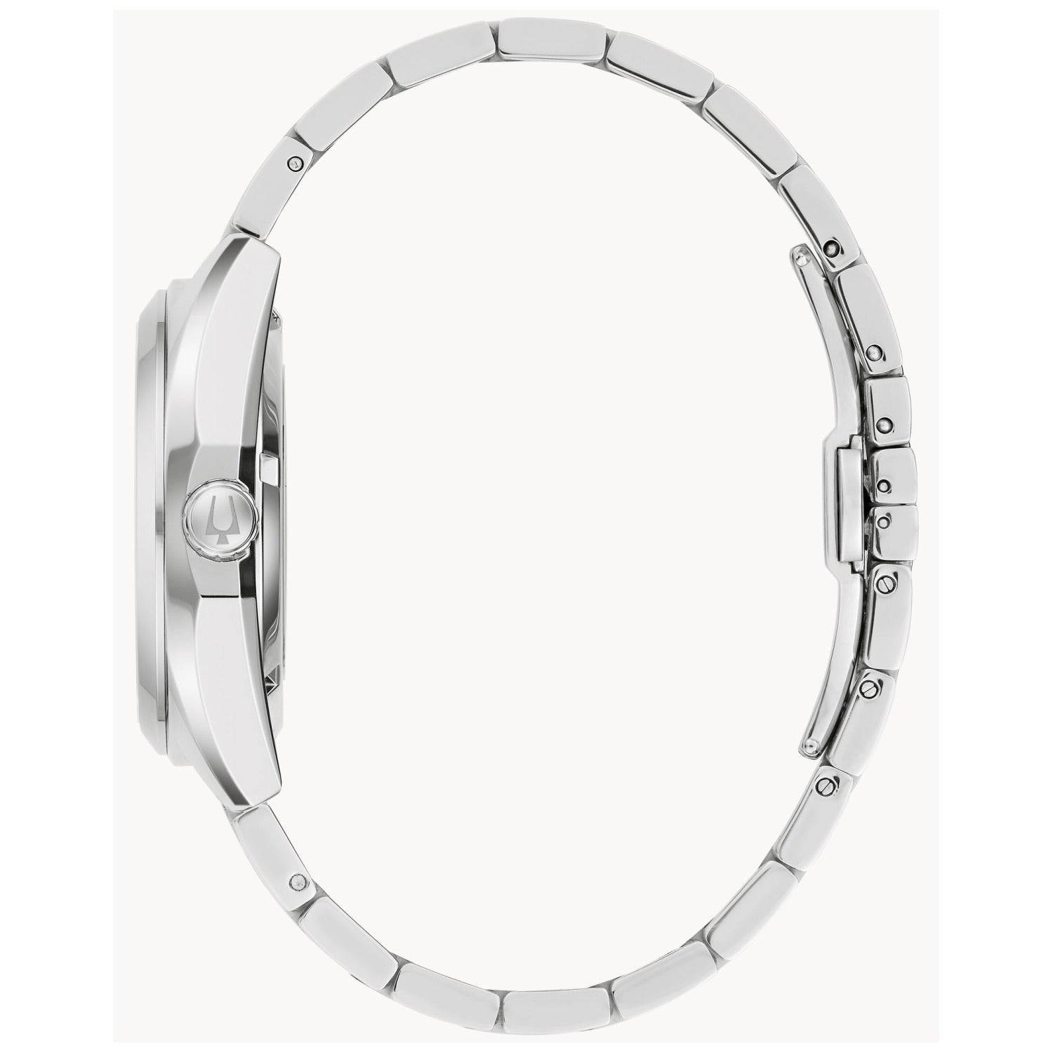 Bulova Herrenuhr Seitenansicht mit Edelstahlgehäuse und Krone.