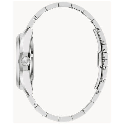 Bulova Herrenuhr Seitenansicht mit Edelstahlgehäuse und Krone.