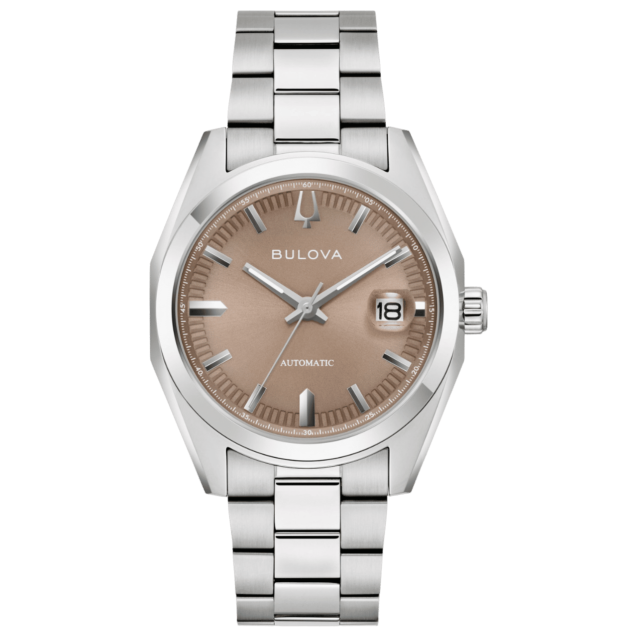 Bulova Herrenuhr mit beigem Zifferblatt, Datumsfenster und silbernem Edelstahlband.
