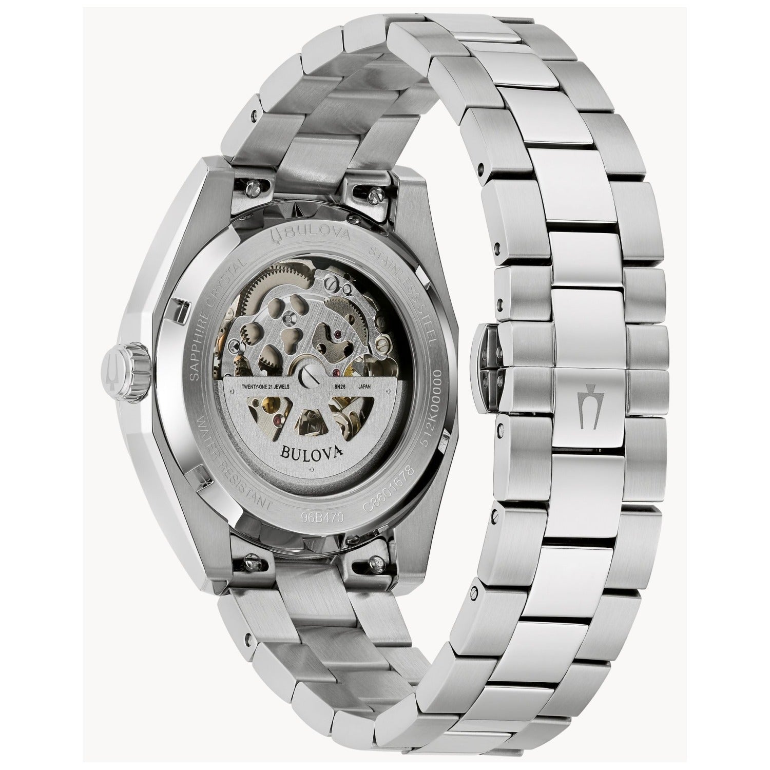 Bulova Herrenuhr mit transparentem Gehäuseboden und sichtbarem Uhrwerk.