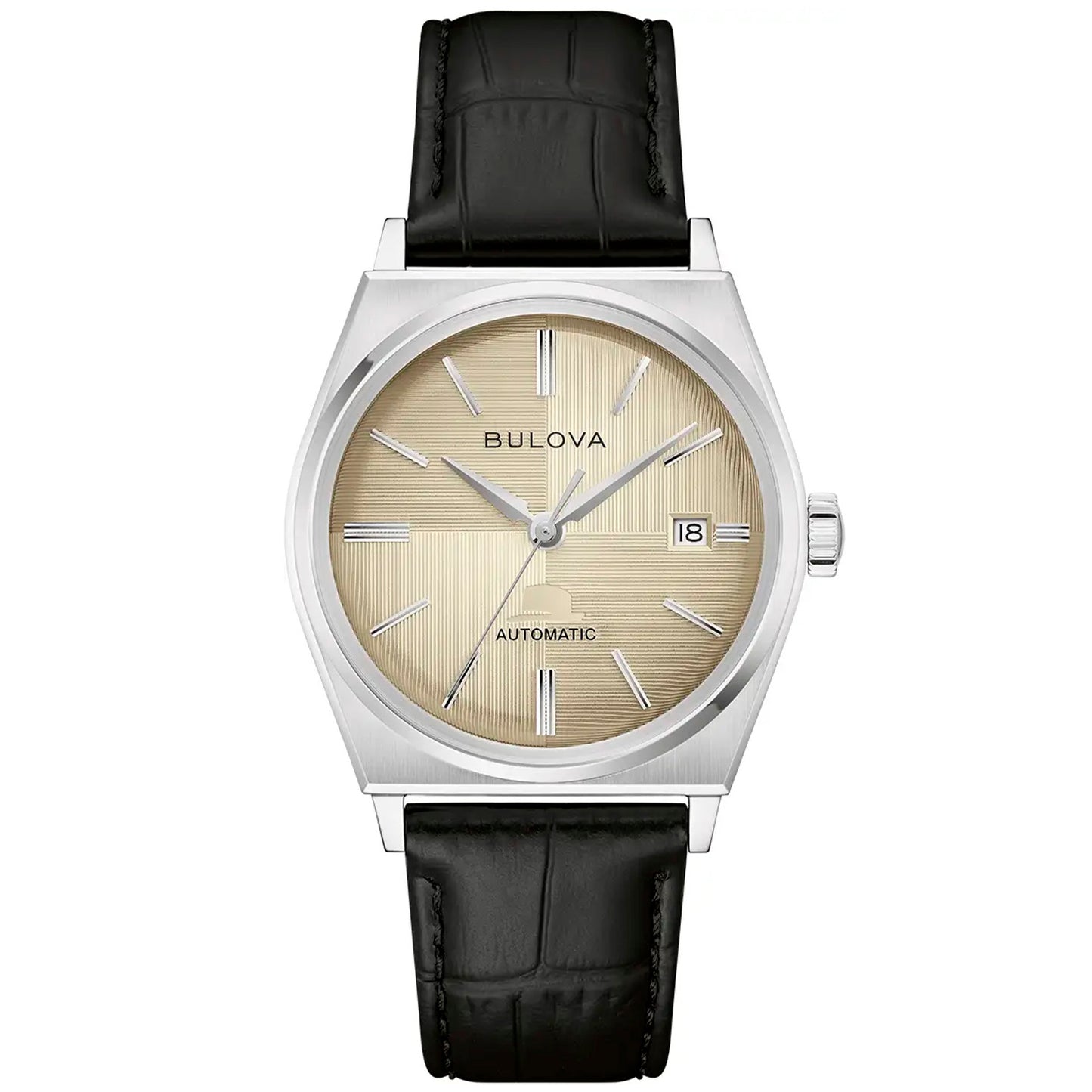 Herrenuhr mit beigem Zifferblatt, silbernem Gehäuse und schwarzem Lederband, Datumsfenster