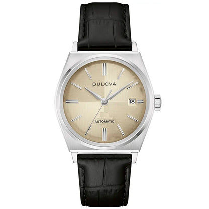 Herrenuhr mit beigem Zifferblatt, silbernem Gehäuse und schwarzem Lederband, Datumsfenster
