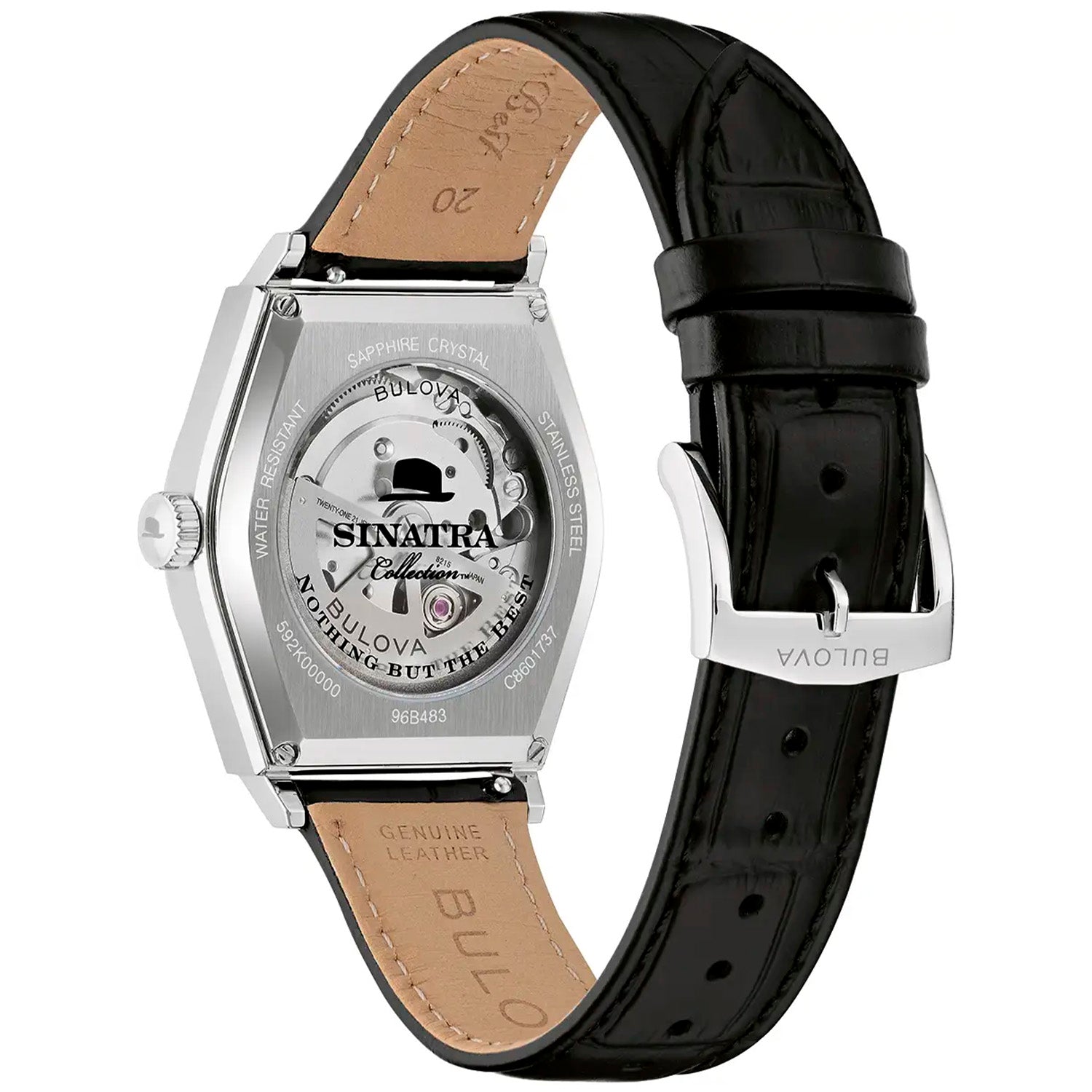 Herrenuhr mit silbernem Gehäuseboden und schwarzem Lederband; sichtbare Sinatra-Schrift