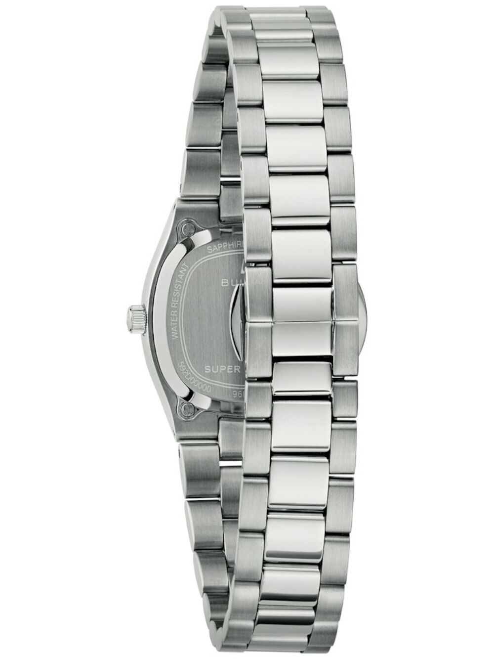 Bulova Damenarmbanduhr mit silbernem Metallarmband, Gehäderrückseite
