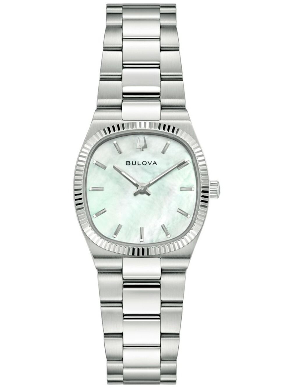Bulova Damenarmbanduhr mit silbernem Metallarmband und weißem Perlmutt-Zifferblatt