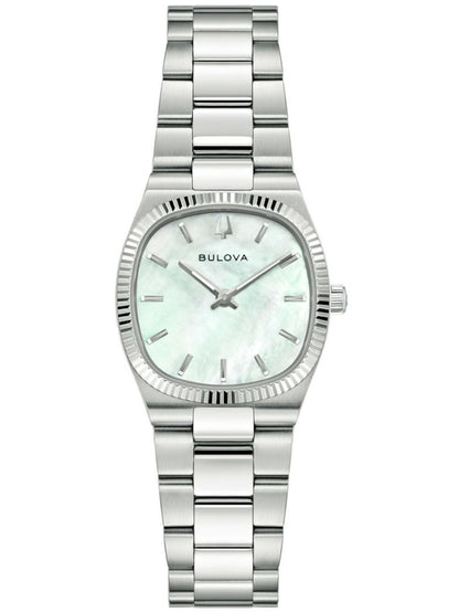 Bulova Damenarmbanduhr mit silbernem Metallarmband und weißem Perlmutt-Zifferblatt