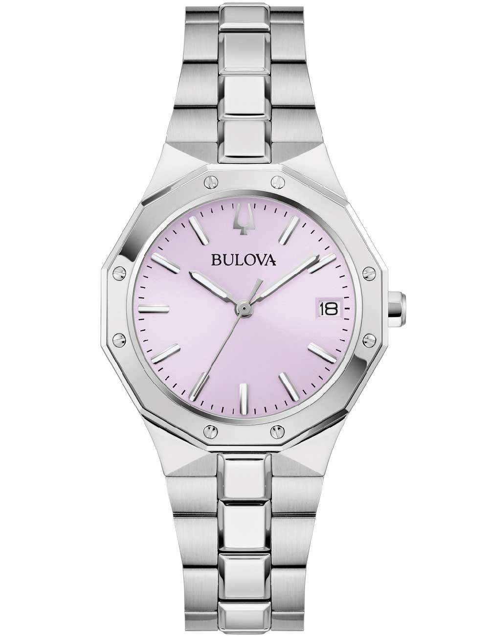Silberne Bulova Damenuhr mit lilafarbenem Zifferblatt, Saphirglas und Metallarmband