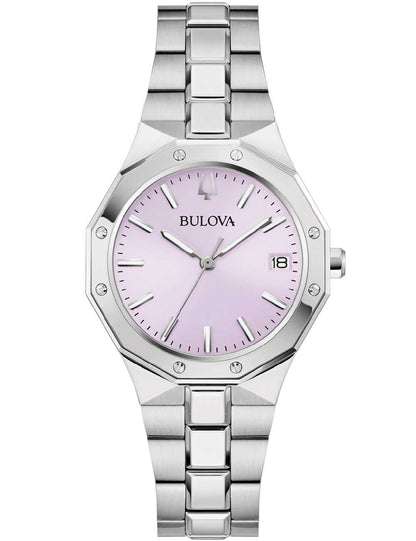 Silberne Bulova Damenuhr mit lilafarbenem Zifferblatt, Saphirglas und Metallarmband