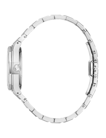 Silbernes Bulova Metallarmband mit Schließe, Seitenansicht der Damenuhr