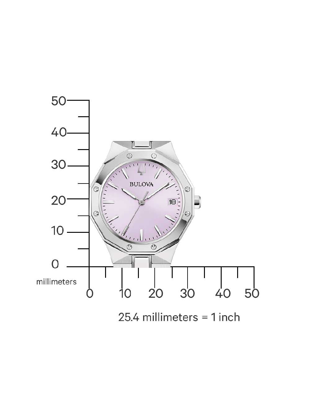 Bulova Damenuhr mit lilafarbenem Zifferblatt, Größenangaben in Millimetern