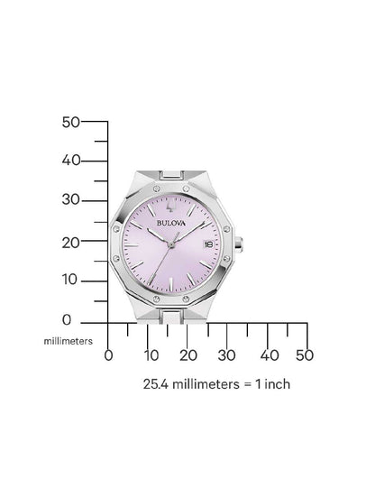 Bulova Damenuhr mit lilafarbenem Zifferblatt, Größenangaben in Millimetern