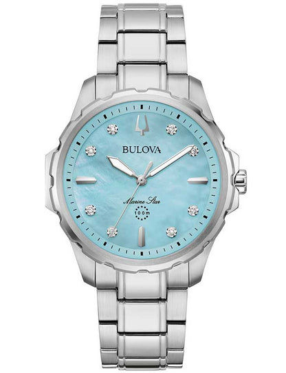 Damenarmbanduhr Bulova mit Edelstahlband, hellblauem Zifferblatt und Diamantindizes