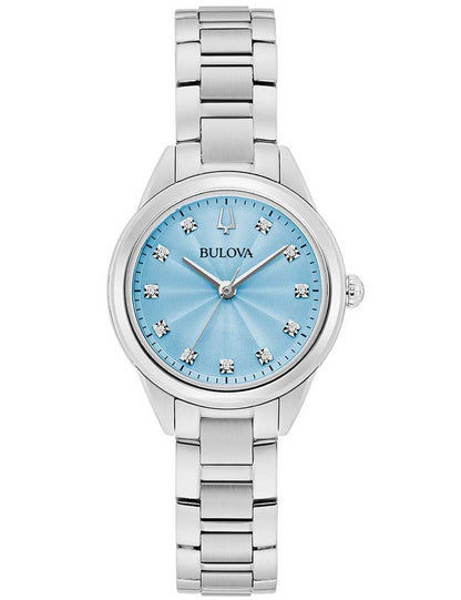 Bulova Damenarmbanduhr: hellblaues Zifferblatt, Edelstahlband, Saphirglas, 11 Diamanten
