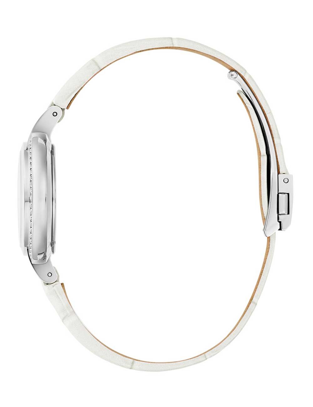 Bulova Damenuhr Rückansicht mit silbernem Gehäuse und weißem Lederband