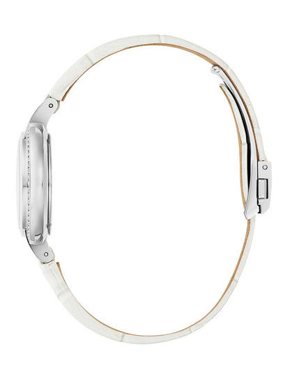 Bulova Damenuhr Rückansicht mit silbernem Gehäuse und weißem Lederband