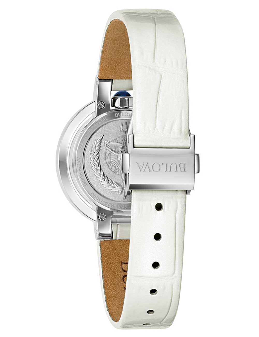 Bulova Damenuhr mit weißem Lederarmband, sichtbarer Krone und rückseitigem Motiv