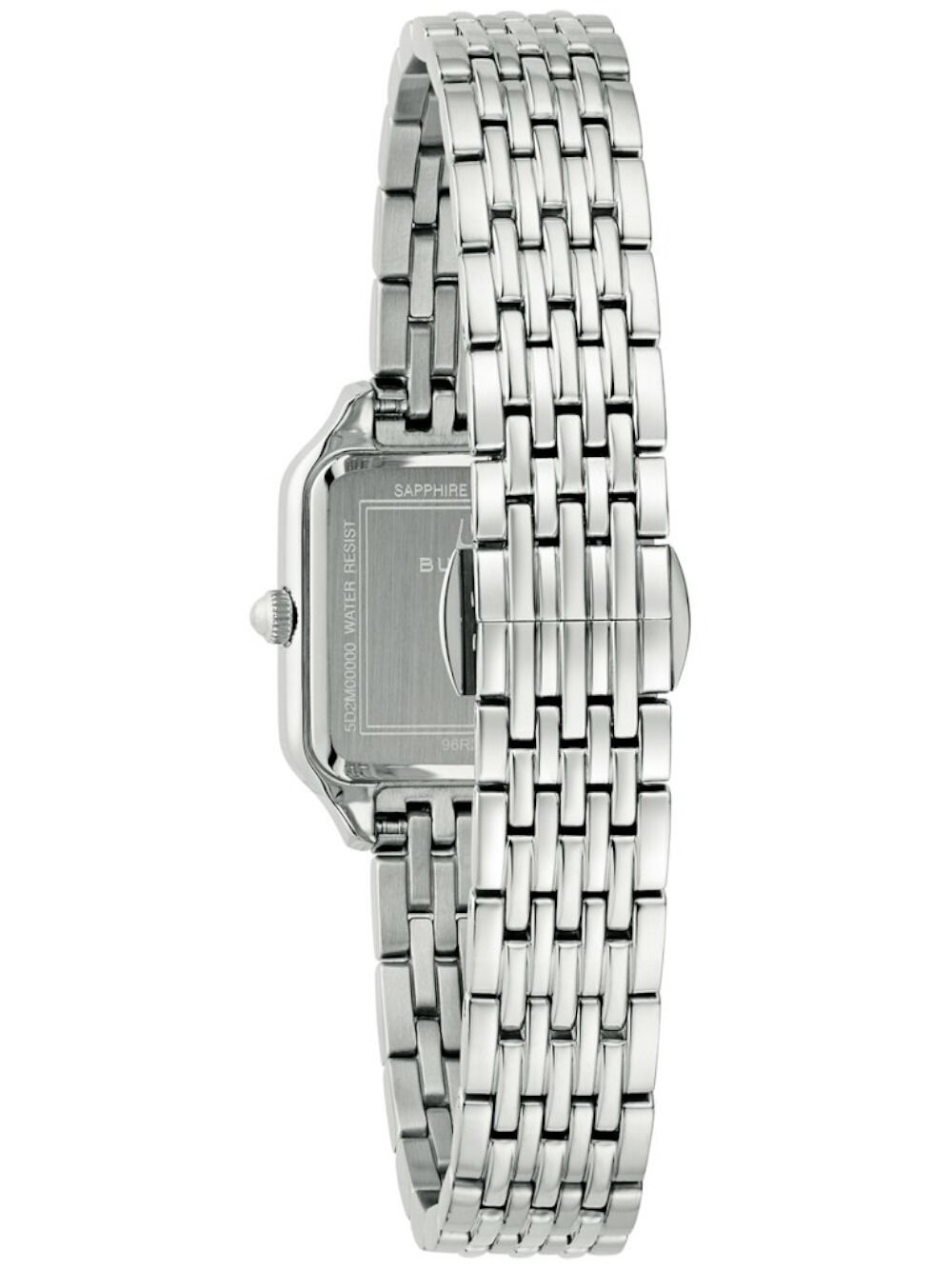 Bulova Damenuhr Rückansicht mit Saphirglas-Aufdruck und silbernem Edelstahlarmband