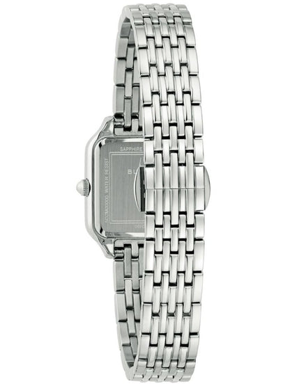 Bulova Damenuhr Rückansicht mit Saphirglas-Aufdruck und silbernem Edelstahlarmband