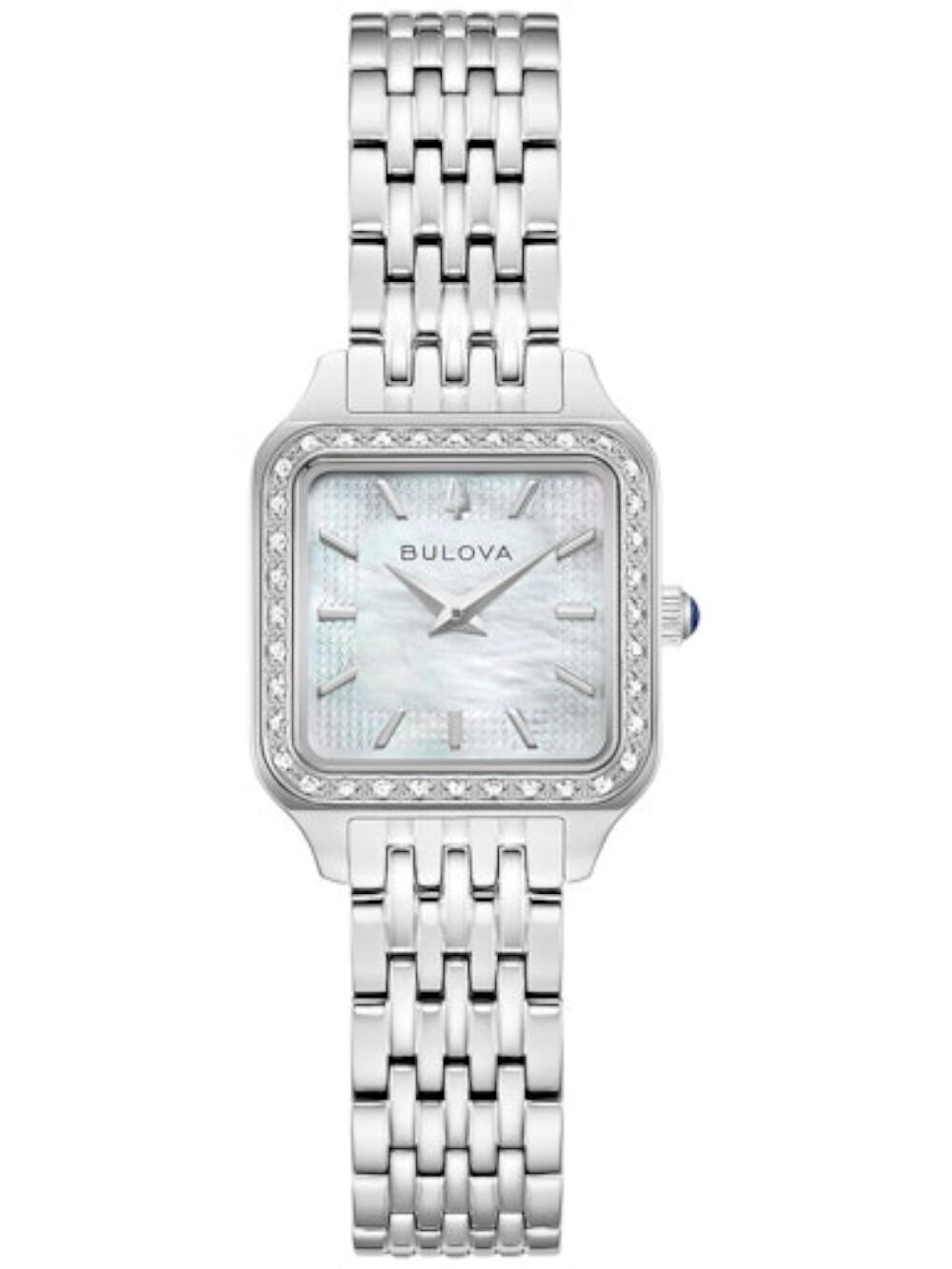 Bulova Damenuhr mit silbernem Edelstahlarmband, Perlmuttzifferblatt und diamantierter Lünette