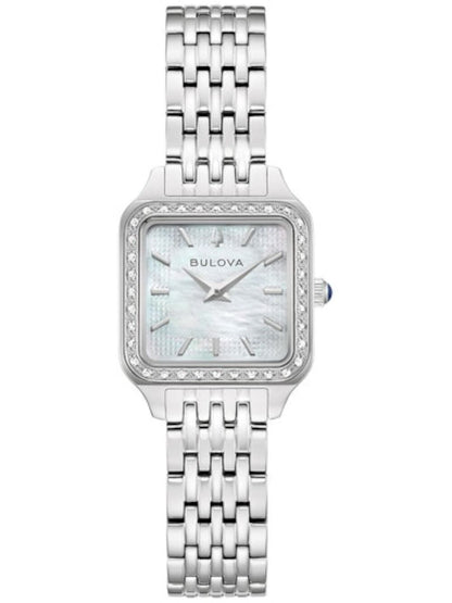 Bulova Damenuhr mit silbernem Edelstahlarmband, Perlmuttzifferblatt und diamantierter Lünette