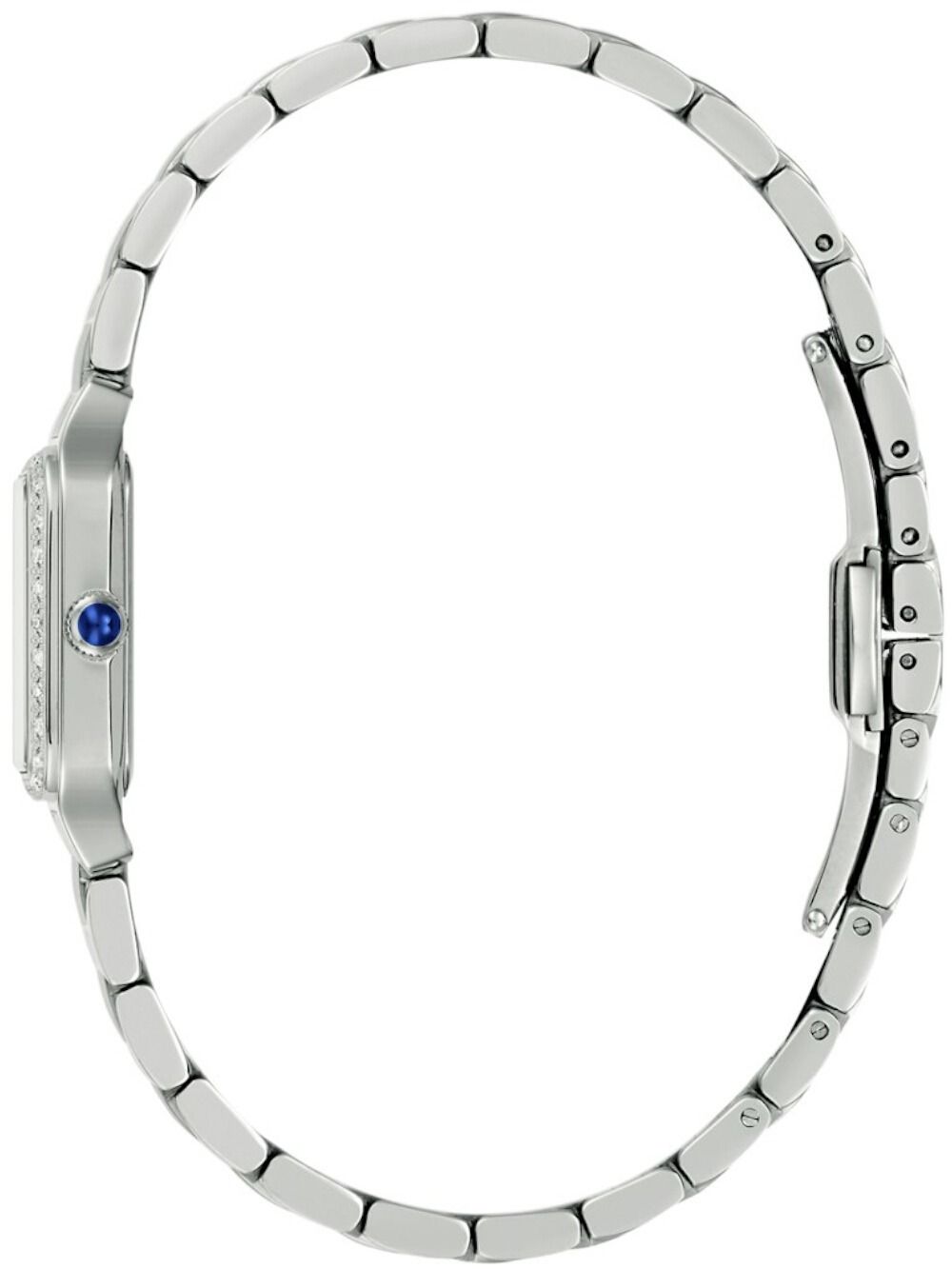Bulova Damenuhr Seitenansicht mit silbernem Edelstahlgehäuse und blauem Kroneneinsatz