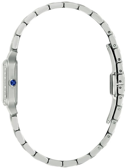 Bulova Damenuhr Seitenansicht mit silbernem Edelstahlgehäuse und blauem Kroneneinsatz