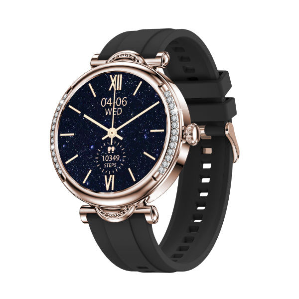 Roségoldene Smartwatch mit schwarzem Armband und rundem Zifferblatt mit Kristallbesatz