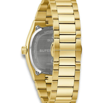 Herrenarmbanduhr Bulova: Gehäuse-Rückseite mit SAPPHIRE- und Precision-Quarzbeschriftung