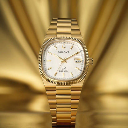 Herrenarmbanduhr Bulova mit goldfarbenem Gehäuse, weißem Zifferblatt und zentralen Zeigern