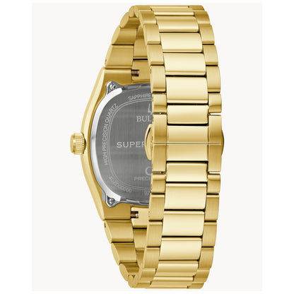 Bulova Herrenarmbanduhr Seitenansicht: Saphirglas, goldfarbenes Metallgehäuse
