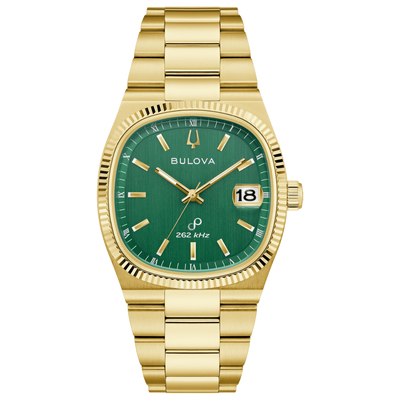 Bulova Herrenarmbanduhr: grünes Zifferblatt, goldfarbenes Metallband, Datumsanzeige 18