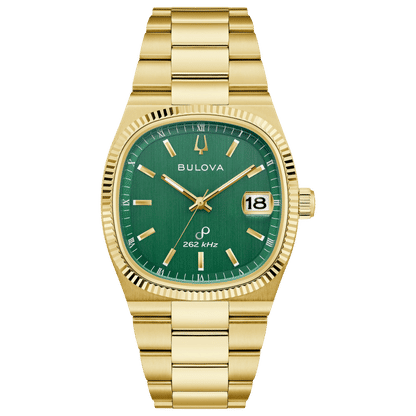 Bulova Herrenarmbanduhr: grünes Zifferblatt, goldfarbenes Metallband, Datumsanzeige 18