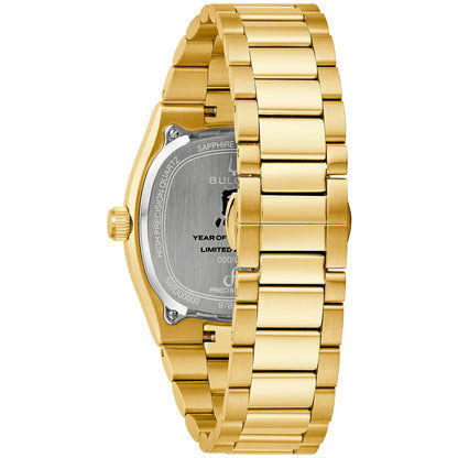 Goldfarbene Herrenarmbanduhr Bulova, Gehäuse-Seitenansicht mit Saphirglas