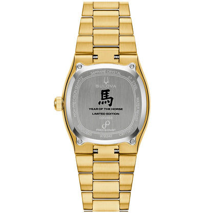 Goldfarbene Herrenarmbanduhr Bulova mit Sichtboden und Gravur