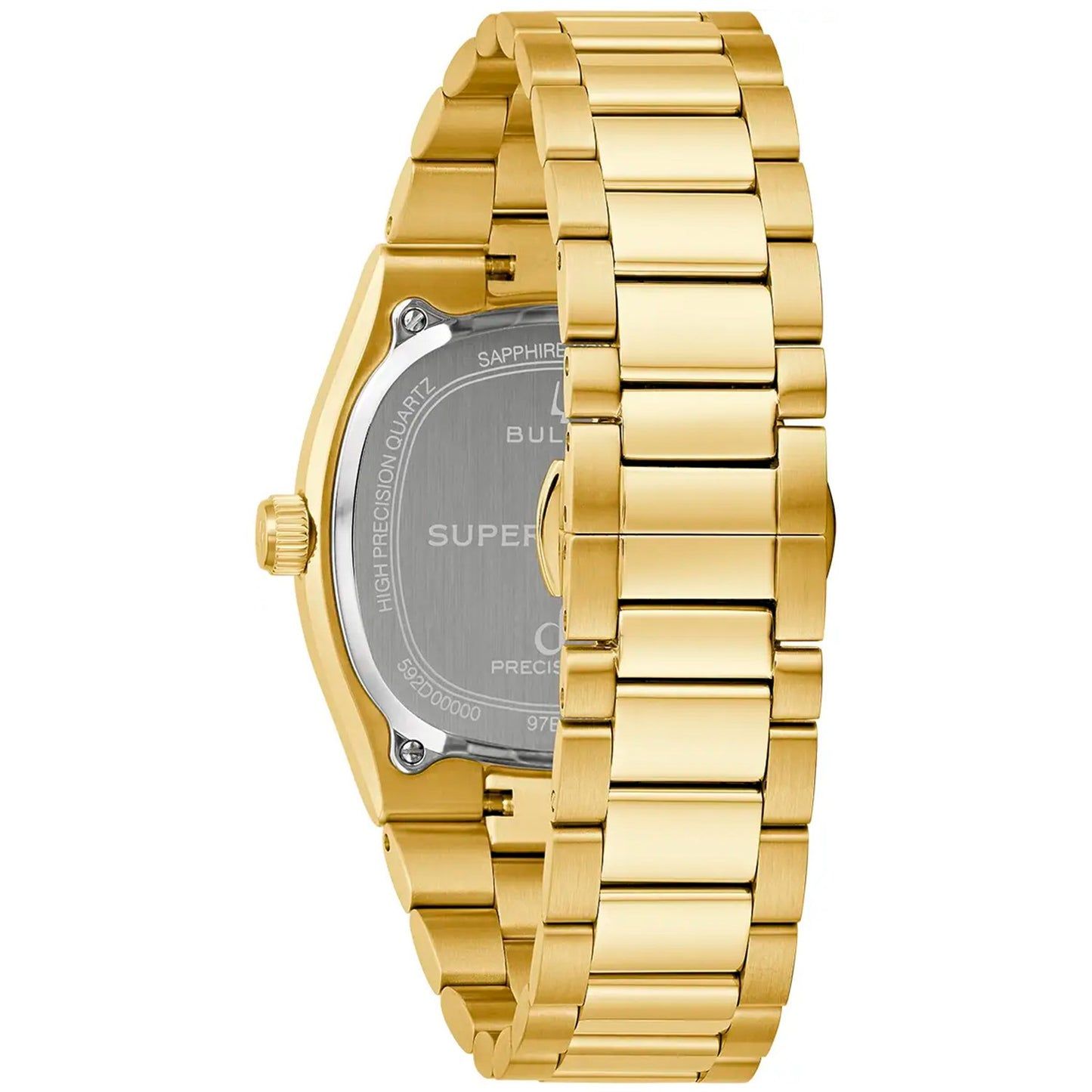 Herrenarmbanduhr Bulova, Seitenansicht: goldfarbenes Gehäuse mit Saphirglas