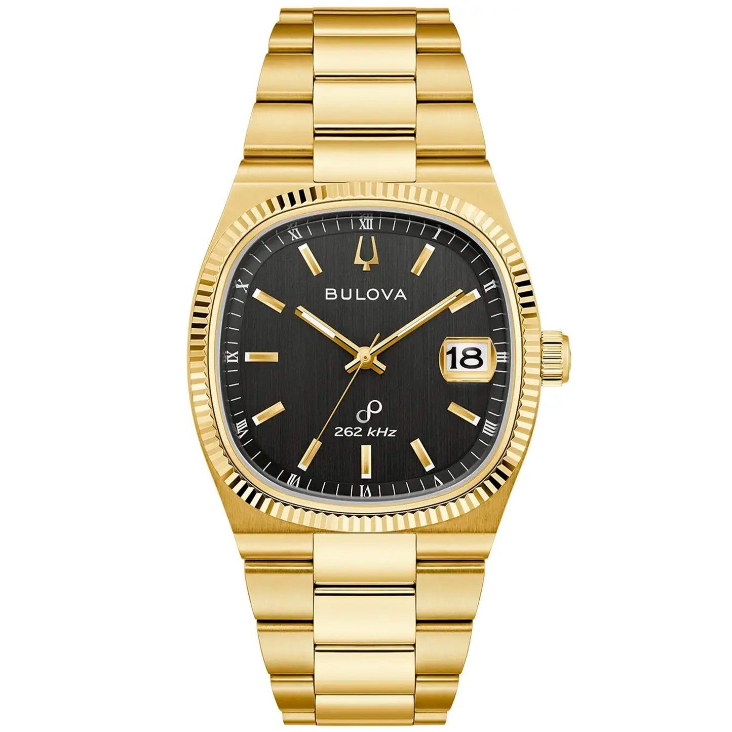 Herrenarmbanduhr Bulova mit schwarzem Zifferblatt, goldfarbenem Band und Datumsanzeige