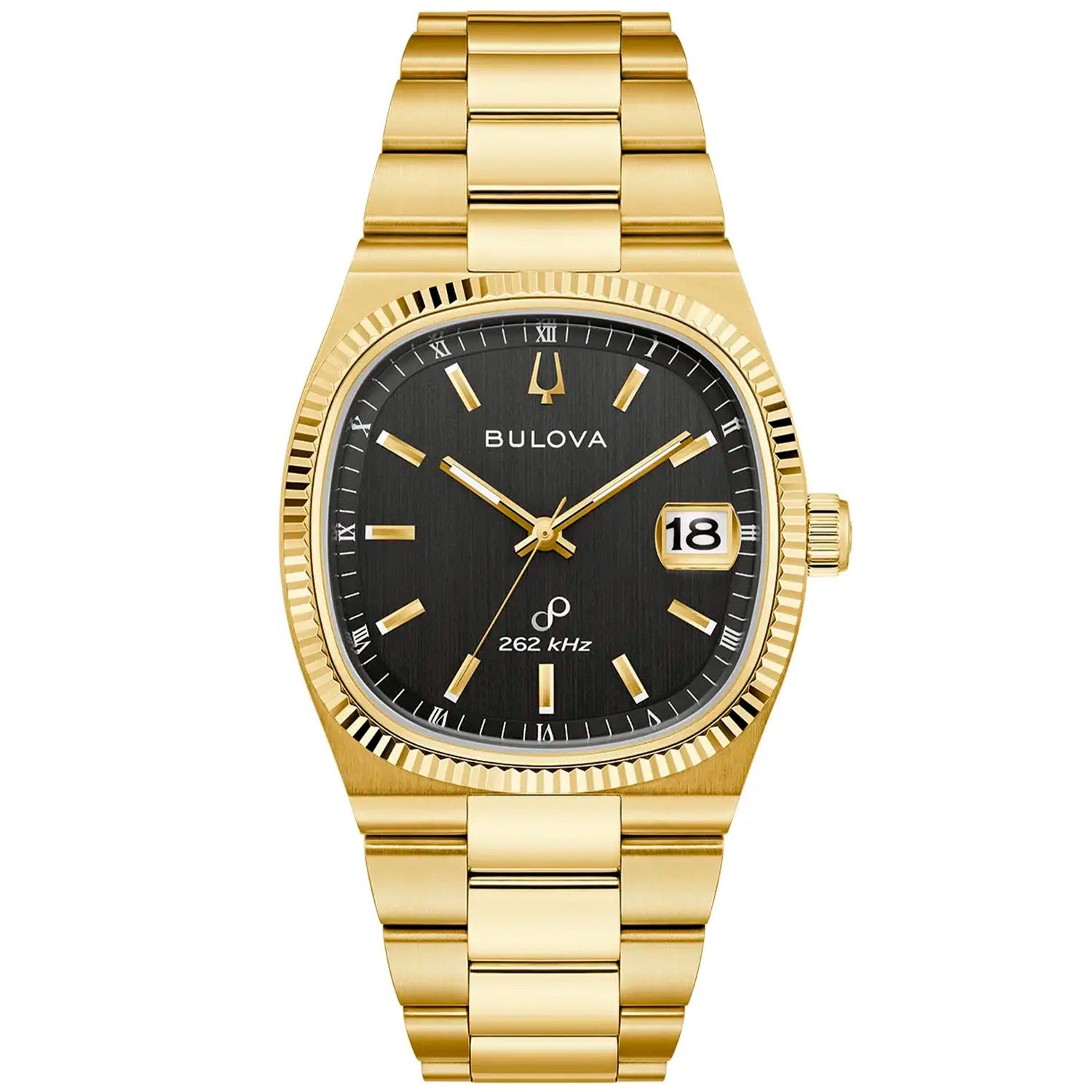Herrenarmbanduhr Bulova mit schwarzem Zifferblatt, goldfarbenem Band und Datumsanzeige