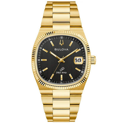 Herrenarmbanduhr Bulova mit schwarzem Zifferblatt, goldfarbenem Band und Datumsanzeige