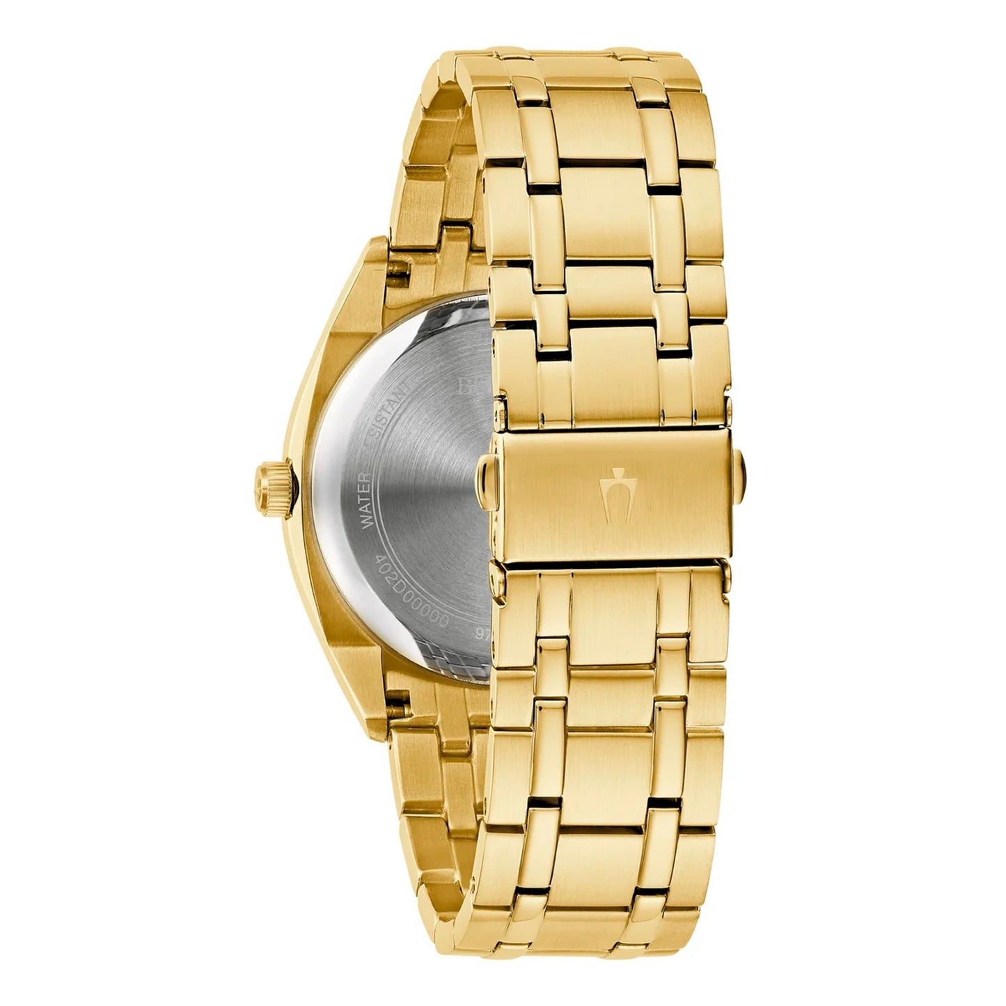 Bulova Herrenuhr in Goldoptik, Seitenansicht mit Krone und Armbandgliedern